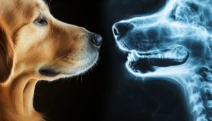 A dog looking at an x-rayed dog